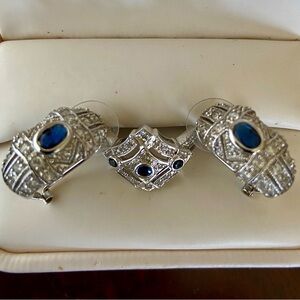 Art Deco CZ&Sapphire Set of 925 Sterling Silver Earrings and 10K Ring